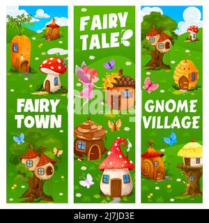 Banderoles de ville de fées et de village, gnome de dessin animé et maisons d'orf. Vecteur magie pixie et cute habitations acorn, amanita, champignon, ruche et nid sur l'arbre, coquille d'escargot, cône et la carotte fantasy bâtiments Illustration de Vecteur