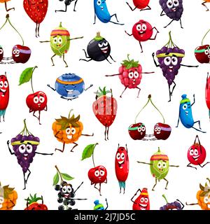 Les personnages de dessin animé fruits rouges du yoga posent sur un motif sans couture. Imprimé en tissu, fond vectoriel sans couture avec fraise, raisin et cerise, chèvrefeuille, baie de cowberry et framboise faisant des exercices de yoga Illustration de Vecteur
