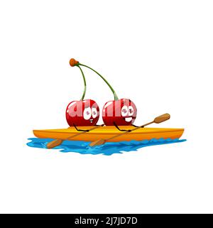 Caricature de cerises jumeaux sur kayak, drôle vecteur de petits joueurs personnages kayak sport ou aventure. Les personnes qui ravirent avec des pagaies assis dans le bateau. Sports nautiques, activités d'été Illustration de Vecteur