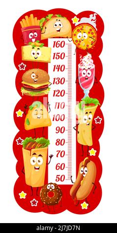 Personnages de fast food à emporter, règle de graphique de hauteur pour enfants, mesure de croissance vectorielle. Règle de grande taille pour bébé ou balance de mesure de taille pour enfant avec cheeseburger, hot dog et pizza de fastfood drôles Illustration de Vecteur