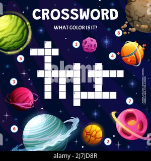 Fantastique planètes spatiales galaxies, tableau de grille de mots croisés, trouver un jeu de quiz de mot. Mot-clé de vecteur de dessin animé, devinez un puzzle de couleur pour les enfants éducation, loisirs, activité d'apprentissage, test pour enfant Illustration de Vecteur