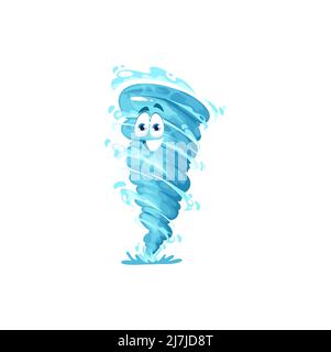 Personnage de tornade de dessin animé, tourbillon de tempête, cyclone de retordeuse ou ouragan avec visage amusant de vecteur. Météo personnage de dessin animé, mignon nuage de vent ou typhon emoji, bande dessinée tornado vent sourire avec les yeux Illustration de Vecteur