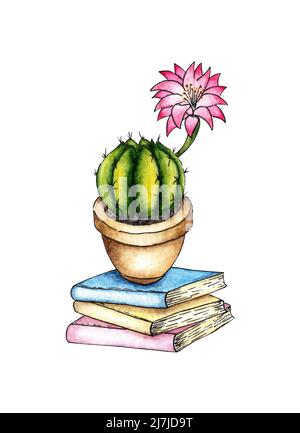 Aquarelle illustration d'un cactus dans un pot stands sur les livres. Il est parfait pour les cartes postales, les affiches, les bannières, les invitations, les cartes de vœux, imprime. JE Banque D'Images