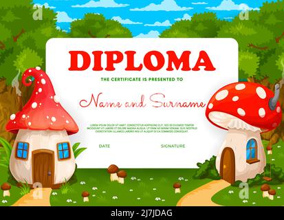 Diplôme pour enfants avec caricature de conte de fées, maisons aux champignons amanita. Diplôme de remise des diplômes pour enfants avec maison de fées, huttes de fantaisie. Modèle de vecteur de récompense ou d'invitation à la célébration pour les enfants Illustration de Vecteur