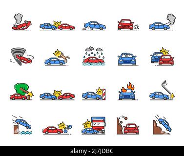 Icônes de la ligne d'accident de voiture : dommages, collision, panne, obstacle et sinistre. Les accidents de la route et les dommages météorologiques l'assurance automobile a isolé des panneaux avec des collisions de voitures, de camions, de bicyclettes et de piétons Illustration de Vecteur