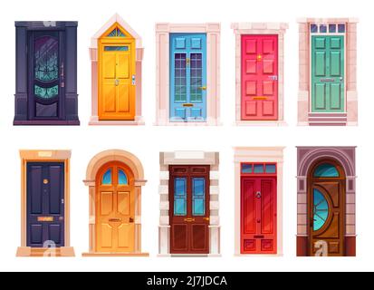 Portes avant en forme de dessin animé avec porte en pierre de marbre, portes intérieures de façade d'entrée de maison. Portes extérieures en bois vectoriel avec montants de porte rocailleux et verre. Entrée à l'hôtel de luxe, maison de ville ou manoir Illustration de Vecteur