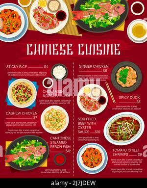 Restaurant de cuisine chinoise menu vectoriel avec riz, légumes, viande et fruits de mer. Nouilles aux méines de vache, poulet au gingembre et à la noix de cajou, crevettes au Chili, bœuf à la sauce aux huîtres, poisson perchée et canard épicé Illustration de Vecteur