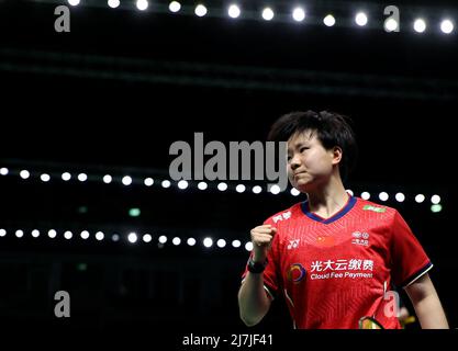 Bangkok, Thaïlande. 9th mai 2022. Il Bingjiao de Chine réagit dans le match des célibataires contre Lucia Rodriguez d'Espagne lors d'un match du groupe B au tournoi de badminton de la coupe Uber à Bangkok, Thaïlande, 9 mai 2022. Crédit: Wang Teng/Xinhua/Alay Live News Banque D'Images