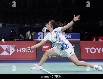 Bangkok, Thaïlande. 9th mai 2022. Lucia Rodriguez d'Espagne participe au match des célibataires contre He Bingjiao de Chine lors d'un match du groupe B au tournoi de badminton de la coupe Uber à Bangkok, Thaïlande, 9 mai 2022. Crédit: Wang Teng/Xinhua/Alay Live News Banque D'Images