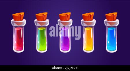 Tubes à essai de laboratoire avec poison liquide ou élixir magique et liège en bois. Ensemble d'icônes vectorielles en verre transparent avec réactifs chimiques colorés isolés sur fond Illustration de Vecteur