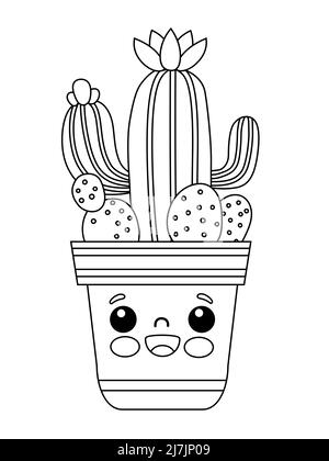 Coloriage pour enfants. Ensemble de cactus et de succulents dans des pots. Contour noir et blanc Illustration de Vecteur