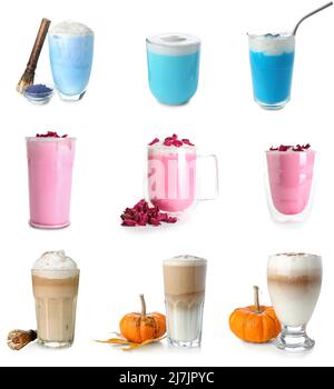Ensemble de café latte différent sur fond blanc Banque D'Images