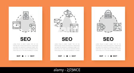 Écrans d'applications mobiles SEO. Signet, Hébergement, lien hypertexte, Publicité, transfert de données bannières verticales pour le développement de sites Web. Illustration de Vecteur