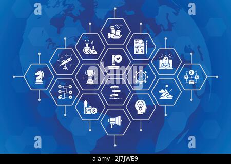Lancer l'illustration vectorielle. Gestion du temps, génération d'idées, bannière de promotion des icônes de ligne de présentation. Modèle de mise en page de la bannière Web. Illustration de Vecteur