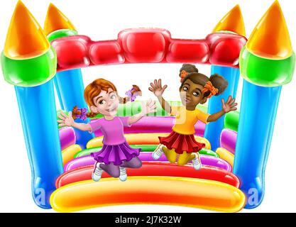 Bouncy House Castle Jumping Girls dessin animé pour enfants Illustration de Vecteur