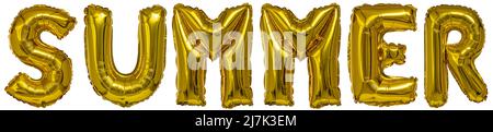 ballons réels en forme de mot d'été, or métallique sur fond blanc Banque D'Images