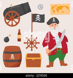 Ensemble de pirate isolé sur fond blanc. Pack pirate, carte du Trésor, rhum, roue de navire, ancre, tonneau, bombe. Illustration de Vecteur