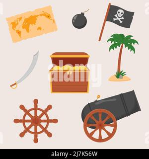 Ensemble de pirate isolé sur fond blanc. Pack pirate, carte du Trésor, rhum, roue de navire, ancre, tonneau, bombe. Illustration de Vecteur