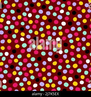 Motif à pois sans couture. Jaune, rose, menthe, violet, noir cercles dessinés à la main sur fond rouge cerise. Déco points abstraits. Vecteur illustrat Illustration de Vecteur