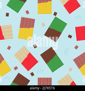 Barre de chocolat noir, au lait et blanc dans un emballage ouvert sans couture. Illustration de Vecteur