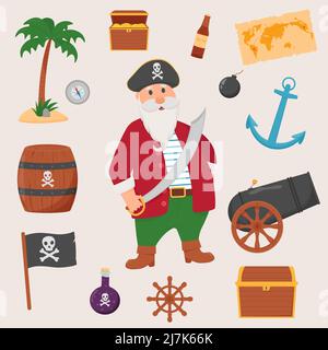 Ensemble de pirate isolé sur fond blanc. Pack pirate, carte du Trésor, rhum, roue de navire, ancre, tonneau, bombe. Illustration de Vecteur