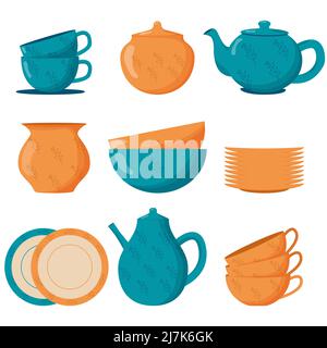 Ustensiles de cuisine en céramique. Mignons assiettes en céramique faites à la main, tasses, sucrier, théières, plats. Outils de cuisine, illustration de la poterie Vector Illustration de Vecteur