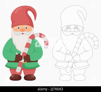 Mignon petit gnome avec une canne en sucre dans ses mains. Caractère de Noël et de nouvel an. GNOME en couleur et en contour. Illustration de Vecteur