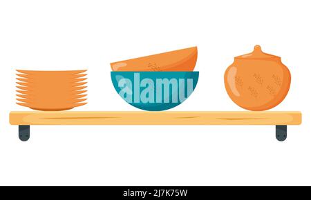 Ustensiles de cuisine en céramique. Mignons assiettes en céramique faites à la main, tasses, sucrier, théières, plats. Outils de cuisine, illustration de la poterie Vector Illustration de Vecteur