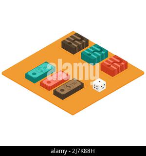 Cartes à jouer pour un jeu de société en isométrie. Forfaits de dollars isométriques. Jouer aux dés. Icône d'argent isométrique à vecteur plat.Illustration à vecteur plat. Illustration de Vecteur