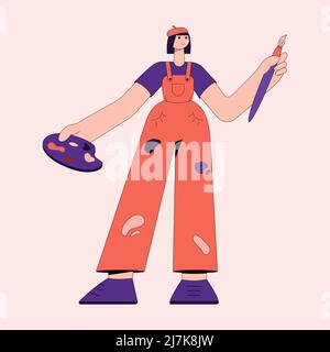 Artiste avec pinceaux et palette. Femme peint sur toile dans un atelier d'art. Cours de studio d'art, cours de peinture. Artiste créant une image. Illustration de Vecteur