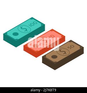 Forfaits de dollars isométriques. Icône d'argent isométrique à vecteur plat Illustration de Vecteur