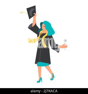 Femme diplômée en robe universitaire et casquette carrée Illustration de Vecteur