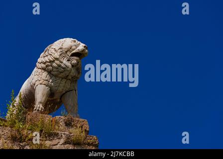 Le Lion de Pise, une ancienne statue étrusque au sommet des anciens murs de la ville (avec ciel bleu et espace de copie) Banque D'Images