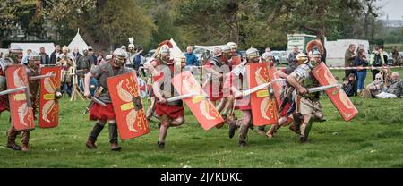 Un officier romain de la Légion VIII dirige la charge dans l'arène à l'événement No Man's Land à Bodrhyddan Hall, pays de Galles Banque D'Images