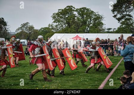 Les légionnaires romains de la Légion VIII chargent des spectateurs dans l'arène lors de l'événement No Man's Land à Bodrhyddan Hall, pays de Galles Banque D'Images