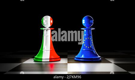 Relations entre l'Italie et l'Union européenne, pions d'échecs avec drapeaux - illustration 3D Banque D'Images