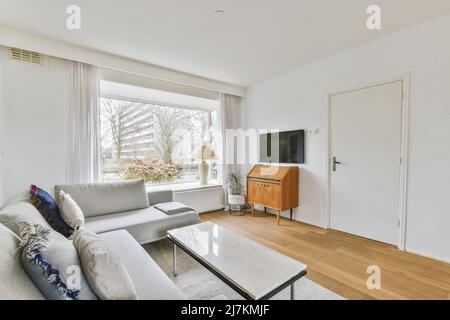 Canapé confortable avec coussins placés sur un tapis, table contre TV dans le salon spacieux et lumineux de la maison Banque D'Images