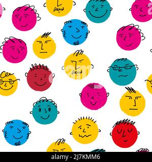 Visages amusants et émotions tendance sans couture. Les personnes dessinées à la main par les enfants de Doodle font face à des icônes avec des expressions différentes. Illustration de Vecteur