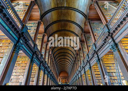 Long passage voûté avec clôtures et colonnes dans la bibliothèque publique légère de l'université avec collection de livres intéressants sur les étagères Banque D'Images