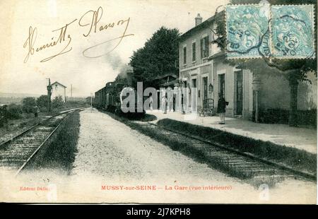 Gare de Mussy-sur-Seine Département: 10 - Aube région: Grand est (anciennement Champagne-Ardenne) carte postale ancienne, fin 19th - début 20th siècle Banque D'Images