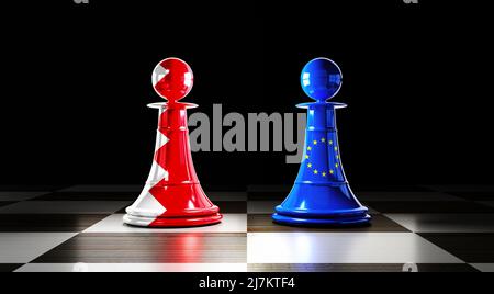 Bahreïn et les relations de l'Union européenne, pions d'échecs avec drapeaux - 3D illustration Banque D'Images