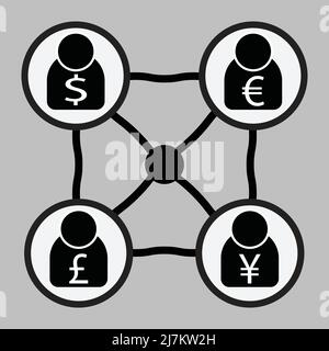 Bureau de change diagramme carré profil connexion dollar US, euro, livre britannique, yen/Yuan Illustration de Vecteur