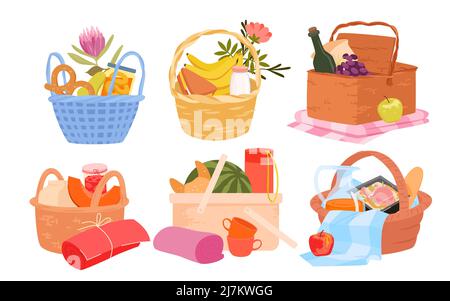 Ensemble de paniers pique-nique avec produits alimentaires Illustration de Vecteur