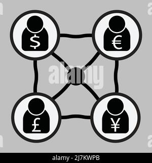 Bureau de change diagramme carré profil connexion dollar US, euro, livre britannique, yen/Yuan Illustration de Vecteur