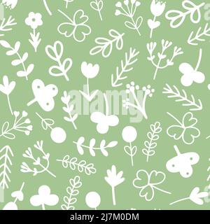 Motif vert d'été sans couture avec fleurs et verdure. Arrière-plan silhouettes blanches de plantes sur doux pastel vert clair. Modèle pour fabri Illustration de Vecteur