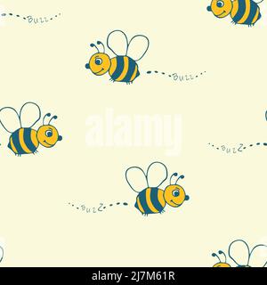 Motif vectoriel sans couture avec abeilles dessinées à la main sur fond jaune. Papier peint à motif bourdon heureux et simple pour les enfants. Illustration de Vecteur