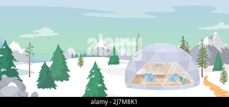 Forêt de neige vecteur de glamping d'hiver avec tente confortable Illustration de Vecteur