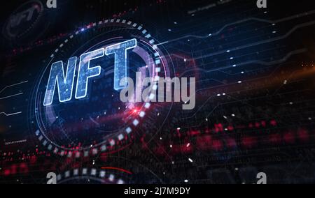 NFT concept numérique de jeton non fongible et de symbole de collection numérique. Réseau, cyber-technologie et ordinateur résumé 3D illustration. Banque D'Images