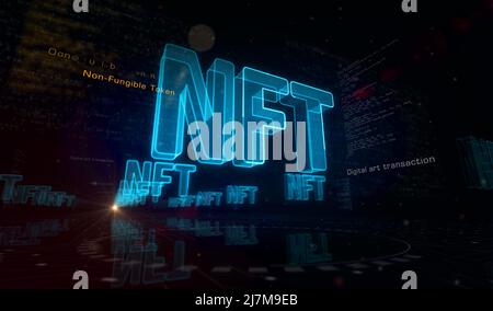 NFT concept numérique de jeton non fongible et de symbole de collection numérique. Réseau, cyber-technologie et ordinateur résumé 3D illustration. Banque D'Images