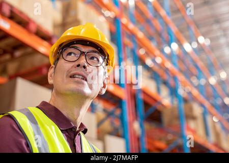 Vue à angle bas d'un ouvrier d'entrepôt asiatique mature, portant un casque et des lunettes de vue Banque D'Images
